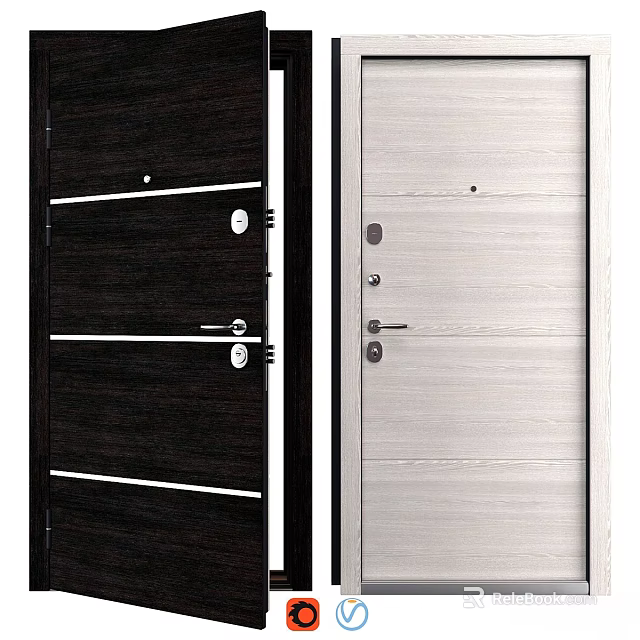 Modern Dark And Light Colored Hinged Doors With Horizontal Lines Metal Handles And Locks 3d model 