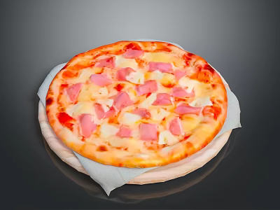 Delicious Hawaiian Pizza Topped With Ham And Pineapple On Wooden Plate With Paper Towel 3d model