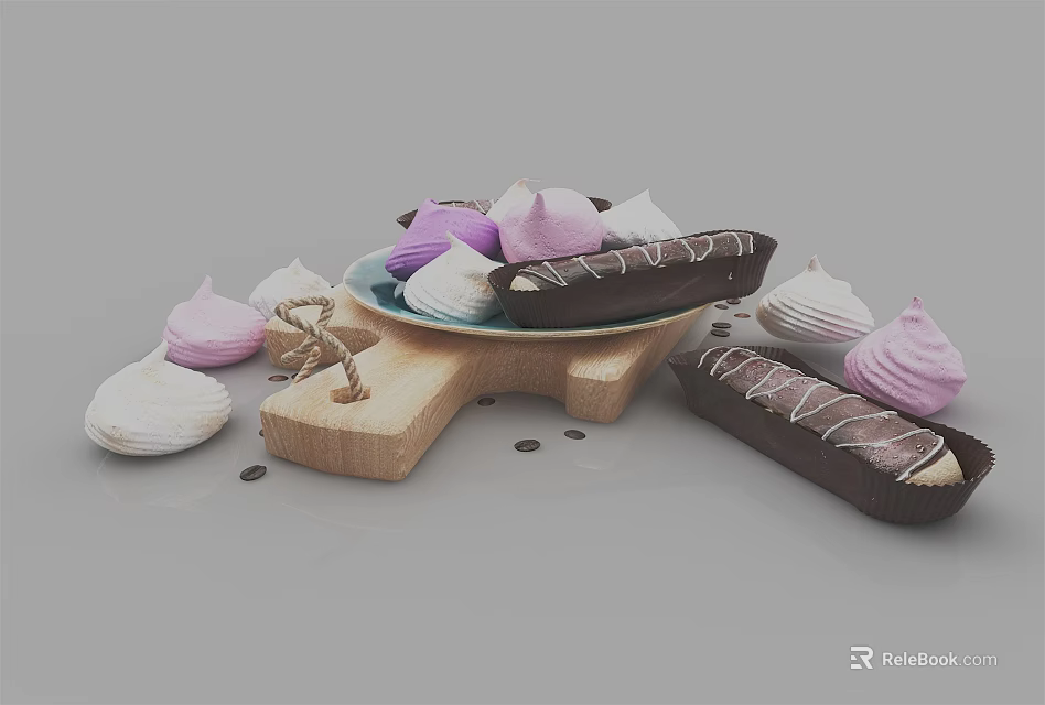 Colorful Assorted Meringues and Striped Chocolate Bars on Wooden Serving Plate and Board 3d model 