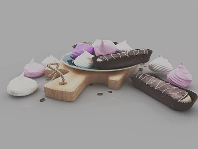 Colorful Assorted Meringues and Striped Chocolate Bars on Wooden Serving Plate and Board 3d model