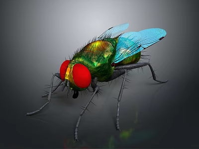Detailed Realistic Fly With Red Eyes Green Body And Blue Wings 3d model