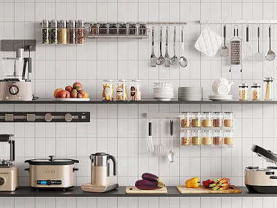 Modern Kitchen Interior With Hanging Utensils Spice Jars Bowls And Cooking Appliances 3d model
