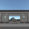 Classical Entrance Gate With Tall Pillars And Open Courtyard View Surrounded By Trees 3d model