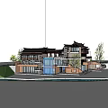 Traditional Chinese Roof Building With Modern Design Lawn Trees And Water