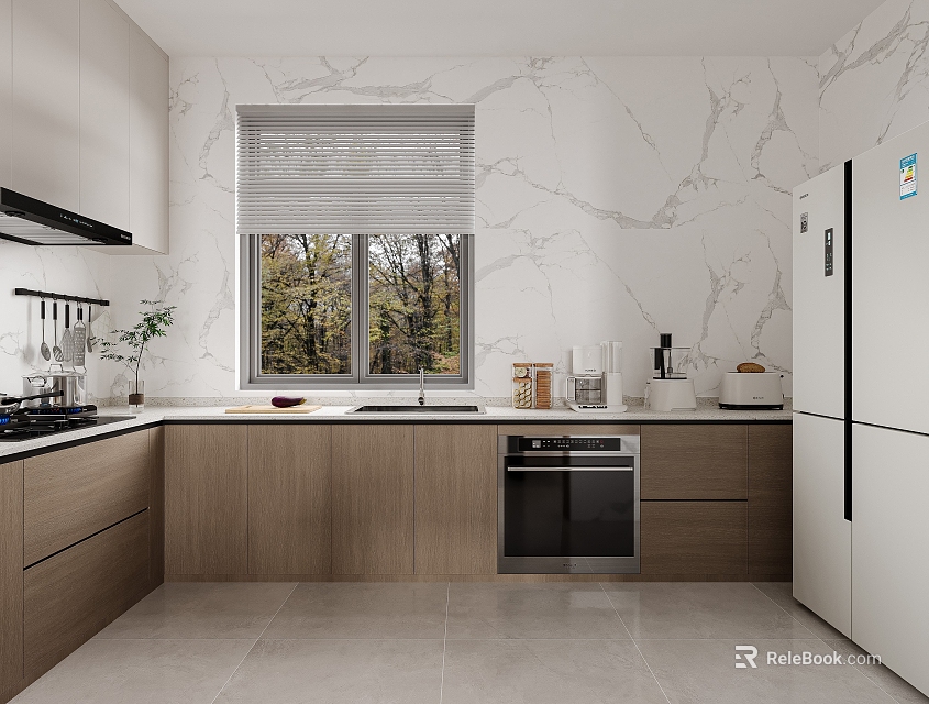 Modern Kitchen With White Marble Wall Wooden Cabinets White Refrigerator Oven And Window Roller Blinds 3d model 