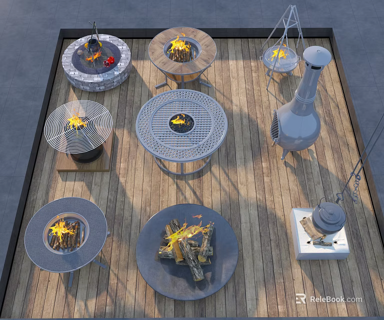 Garden Decor Featuring Various Fire Pits On Wooden Deck With Different Designs And Burning Flames 3d model 