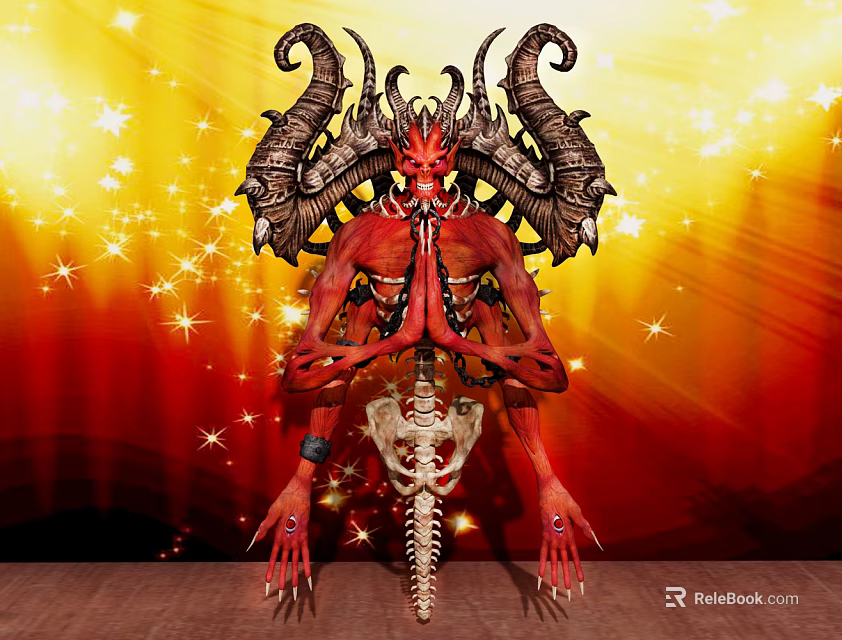 Game Demon Character With Red Body Large Black Horns Skeletal Orange Yellow Star Light Background 3d model 