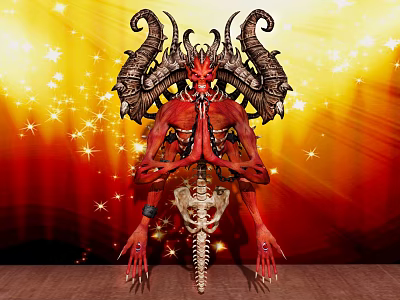 Game Demon Character With Red Body Large Black Horns Skeletal Orange Yellow Star Light Background 3d model