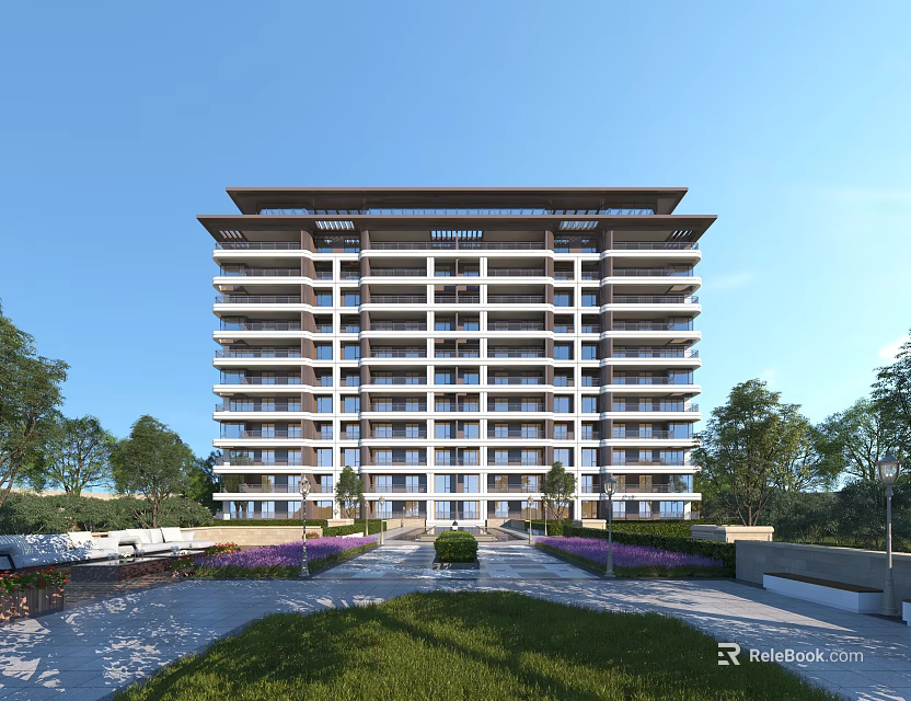 Modern Residential Building With Lush Green Lawns And Purple Flower Beds 3d model 