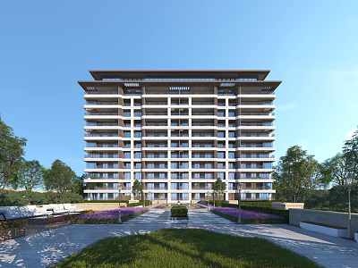 Modern Residential Building With Lush Green Lawns And Purple Flower Beds 3d model