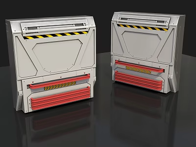 Two Gray Metal Equipment Units With Yellow Black Warning Stripes And Red Bottom Sections 3d model