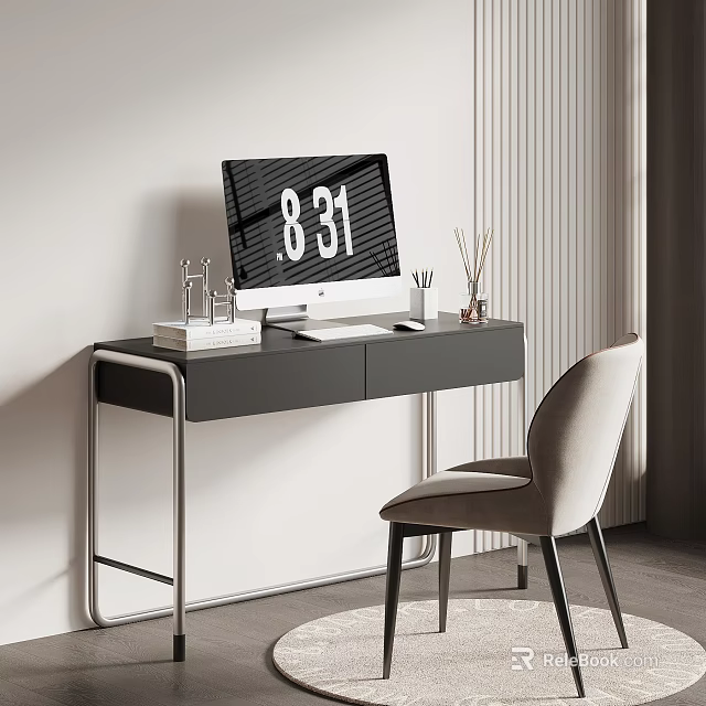 Stylish Modern Office Desk With Monitor Books Lamp And Comfortable Chair 3d model 