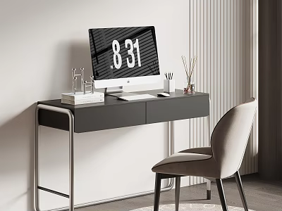 Stylish Modern Office Desk With Monitor Books Lamp And Comfortable Chair 3d model