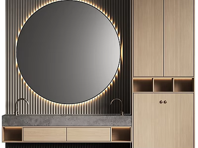 Modern Bathroom Vanity Interior With Round LED Mirror Wooden Cabinet And Double Faucets 3d model