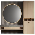 Modern Bathroom Vanity Interior With Round LED Mirror Wooden Cabinet And Double Faucets