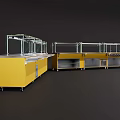 Commercial Kitchen Equipment With Yellow Cabinets Glass Display Shelves And Stainless Steel Worktables