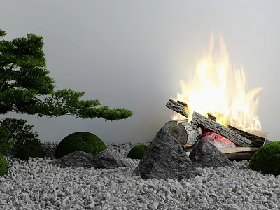Serene Garden Ornament with Pine Tree Burning Fire Stones and Round Shrubs on Gravel 3d model