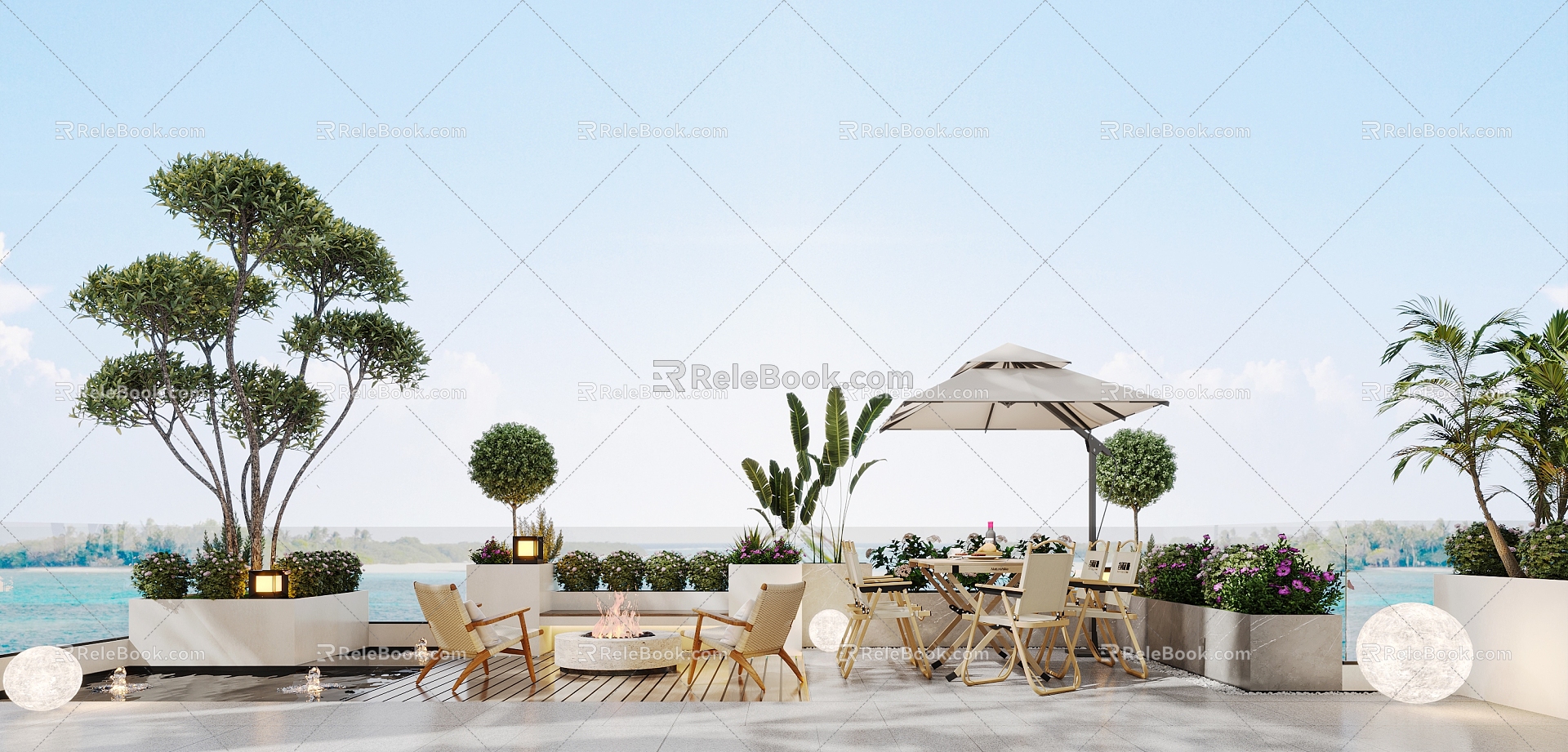 Modern Courtyard Outdoor Table and Chair Single Chair Stove Sunshade Fan Plant Landscape Moon Light 3d model