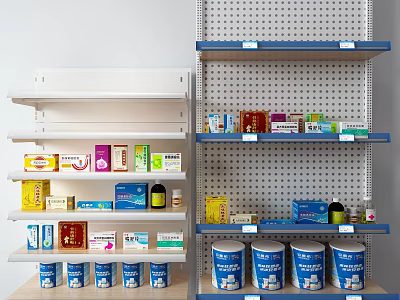 Various Medical Devices Displayed on White and Blue Shelves With Medicine Boxes Cans and Bottles 3d model