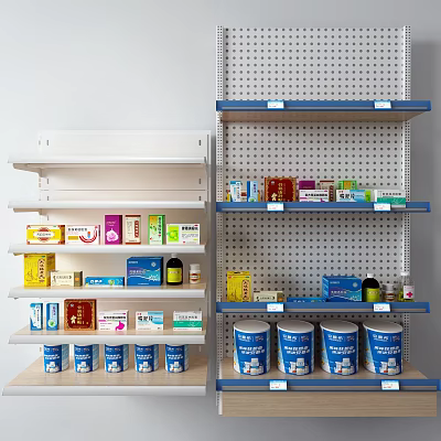 Various Medical Devices Displayed on White and Blue Shelves With Medicine Boxes Cans and Bottles 3d model
