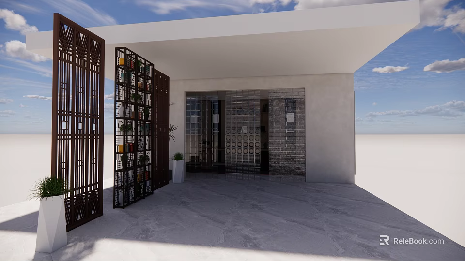 Modern Shop Window With Iron Design Glass Door Stone Floor White Wall And Green Plants 3d model 