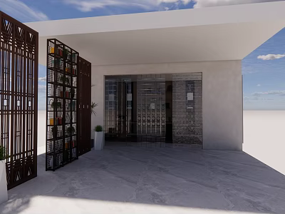 Modern Shop Window With Iron Design Glass Door Stone Floor White Wall And Green Plants 3d model