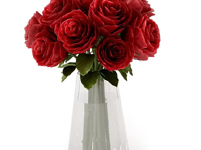 Beautiful Red Roses Arranged in Transparent Glass Vase with Green Leaves 3d model