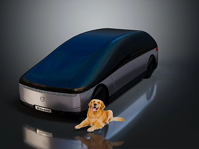 Modern Concept Car With Blue Roof And Silver Body Featuring Golden Retriever 3d model