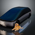 Modern Concept Car With Blue Roof And Silver Body Featuring Golden Retriever