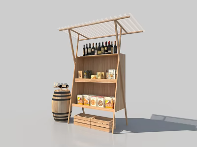 Wooden Display Shelf With Wine Bottles Food Boxes And Wine Barrel 3d model