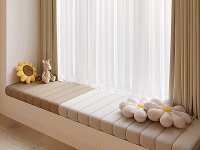 Cozy Bay Window Seat With Beige Padded Cushions Plush Toys Flower Cushions And White Curtains 3d model