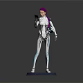 Game Movie Character with Purple Hair White Bodysuit Blue Lines Holding Smartphone on Pink Base