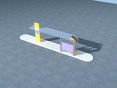 Modern Bus Stop With Gray Roof Yellow Pillars And Purple Information Screen 3d model