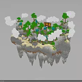 Pixel Style Floating Island Buildings With Trees Clouds And Yellow HI Structure