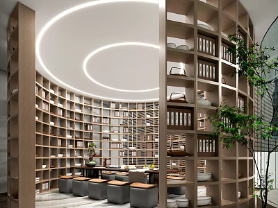 Modern Library Interior Design With Circular Bookshelves Seats And Lighting 3d model
