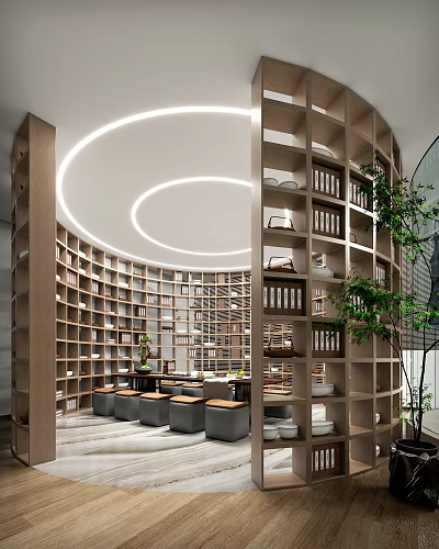 Modern Library Interior Design With Circular Bookshelves Seats And Lighting 3d model