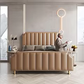 Brown Upholstered Double Bed With Striped Headboard And Decorative Pillows Near Windows