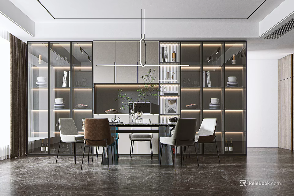 Elegant Modern Restaurant Interior With Open Design Dining Table And Glass Partition 3d model