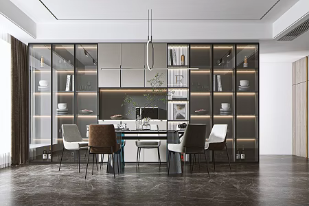 Modern Restaurant Dining Table and Chair Chandelier 3d model