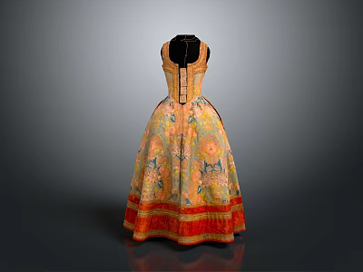 Vintage Yellow Orange Floral Pattern Dress With Full Skirt Lace Up Back Waist Detail 3d model