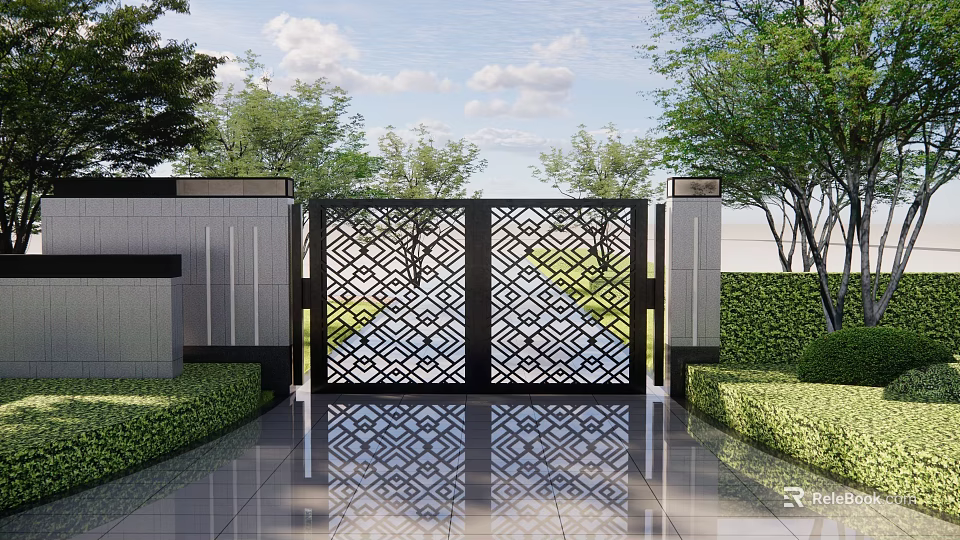 Stylish Building Exterior Wall With Intricate Carved Gate Lush Greenery And Reflective Tiled Pathway 3d model 