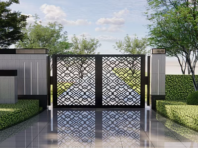 Stylish Building Exterior Wall With Intricate Carved Gate Lush Greenery And Reflective Tiled Pathway 3d model