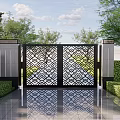 Stylish Building Exterior Wall With Intricate Carved Gate Lush Greenery And Reflective Tiled Pathway