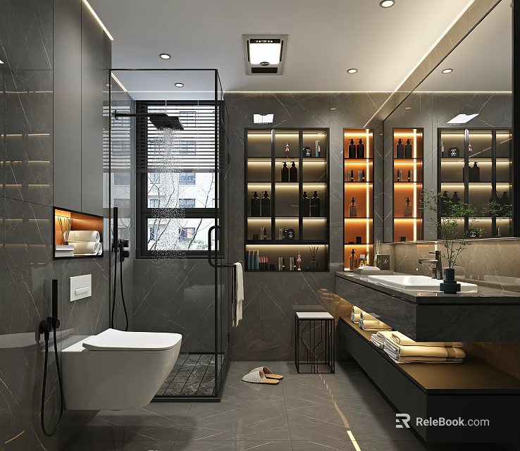 Modern Luxury Bathroom With Gray Marble Walls Glass Shower Double Vanity And Storage Cabinets 3d model 