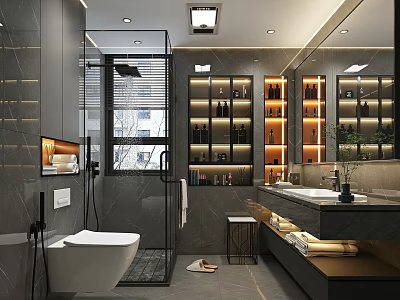 Modern Luxury Bathroom With Gray Marble Walls Glass Shower Double Vanity And Storage Cabinets 3d model