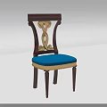 Single Chair With Dark Wooden Backrest Golden Carving Blue Cushioned Seat And Vintage Style