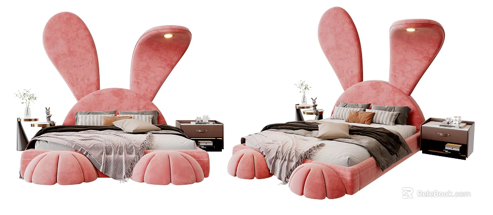 Cute Kids Rabbit Shaped Bed Pink Soft Upholstered With Cozy Pillows And Blanket 3d model 