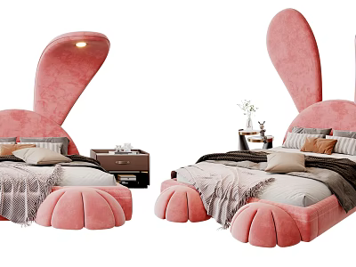 Cute Kids Rabbit Shaped Bed Pink Soft Upholstered With Cozy Pillows And Blanket 3d model