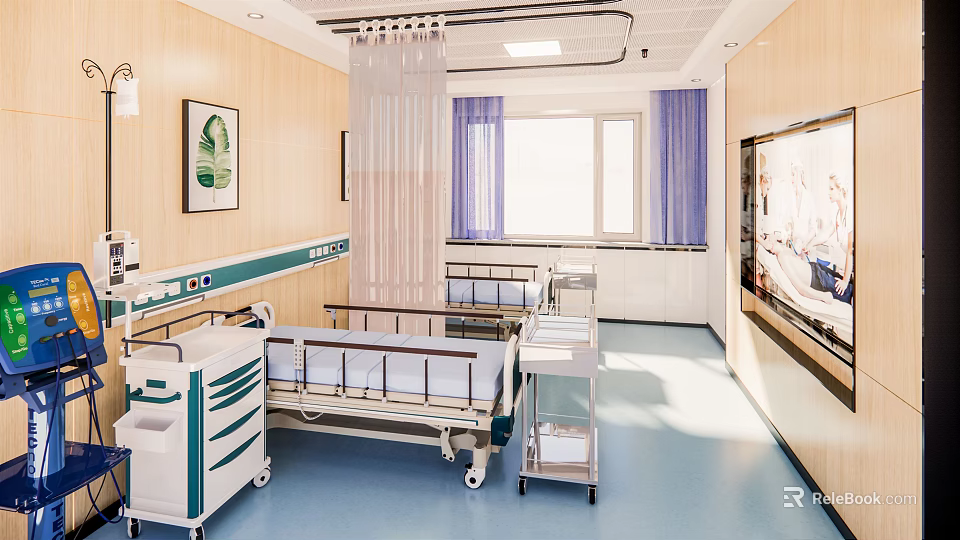 Hospital Ward Interior With Hospital Bed Blue Floor Wooden Walls Purple Curtains And Medical Equipment 3d model 