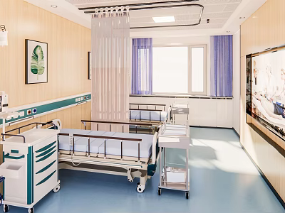 Hospital Ward Interior With Hospital Bed Blue Floor Wooden Walls Purple Curtains And Medical Equipment 3d model